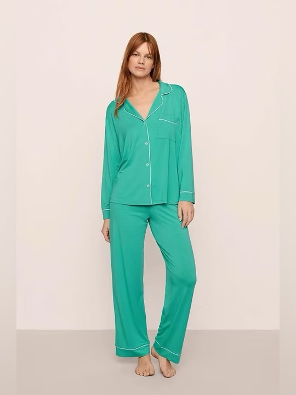 Eberjey Gisele Long PJ Set In Oasis Green/Ivory Size Small